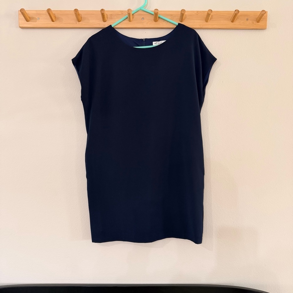 Ovi Navy Shift Dress Cap Sleeve Pockets Minimalist Career Casual Size M